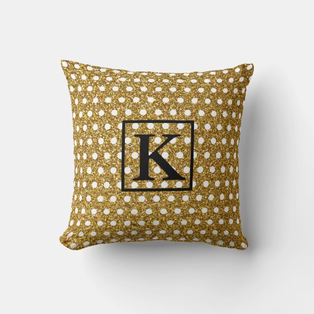 Golden White Polka dots Glittery Monogram Initiale Kudde (Framsida)