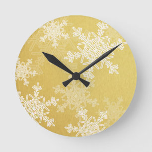 Golden White Snöflingor - minimalistisk jul Rund Klocka