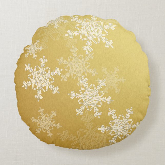 Golden White Snöflingor - minimalistisk jul Rund Kudde (Framsidan)