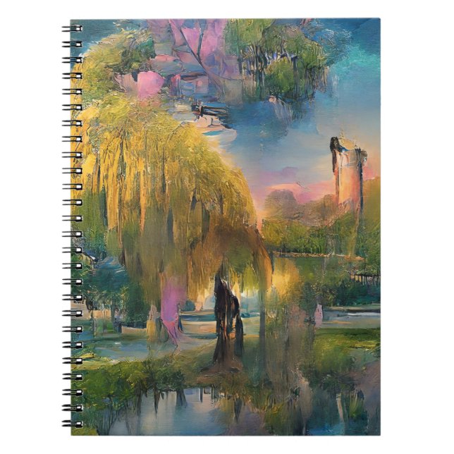 Golden Willow träd vid solnedgången vid dammen Anteckningsbok (Framsidan)