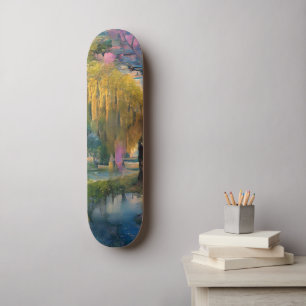 Golden Willow träd vid solnedgången vid dammen Mini Skateboard Bräda 18,5 Cm