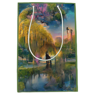 Golden Willow Träd vid Sunset av Pond-Abstrakten