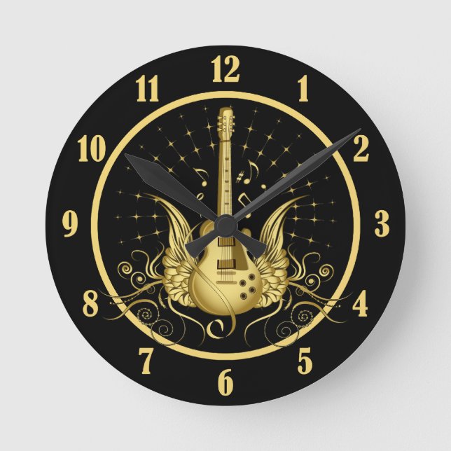 Golden Winged Guitar Rund Klocka (Framsida)