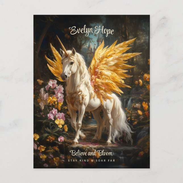 Golden Winged Unicorn Castle Tro Pegasus Vykort (Framsida)