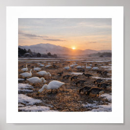 Golden Winter Field with Swans and Geese –  Poster