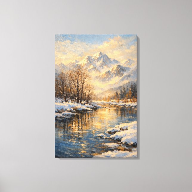 Golden Winter River Serenity – Oil Painting Canvastryck (Framsida)