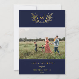 Golden Winter Sprigs Monogram Photo Blue Julkort