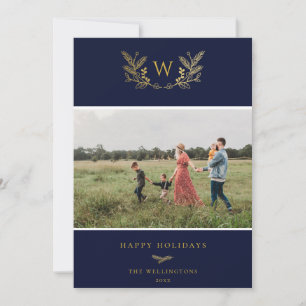 Golden Winter Sprigs Monogram Photo Blue Julkort