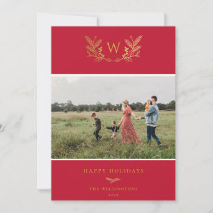 Golden Winter Sprigs Monogram Photo Red Julkort