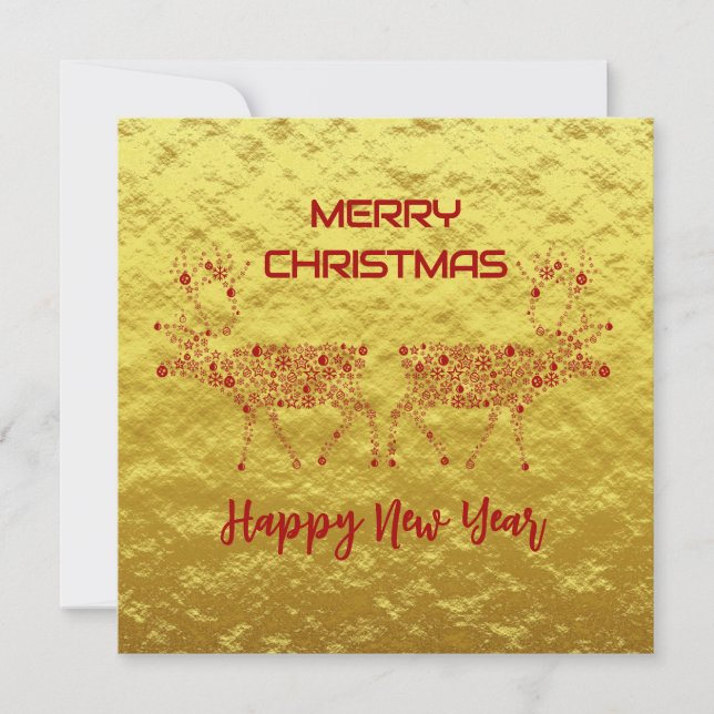 Golden wish card Merry Christmas new year reindeer Julkort (Framsida)