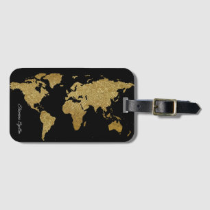 Golden World Map on Black Bagagebricka