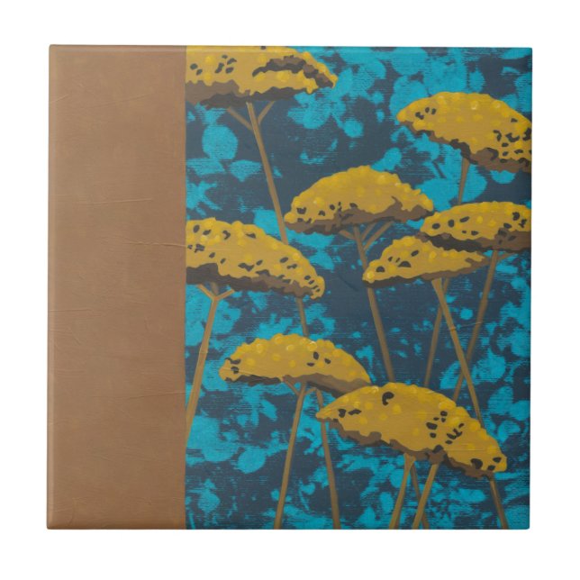 Golden Yarrow Garden med blå bakgrund Kakelplatta (Framsidan)