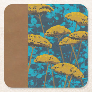 Golden Yarrow Garden med blå bakgrund Underlägg Papper Kvadrat