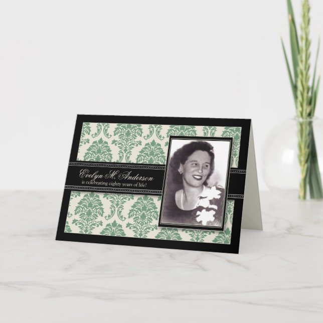 Golden Years Damask Birthday CARD Inbjudan (sage) (Framsida)