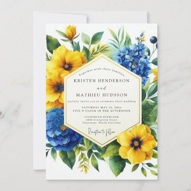 Golden Yellow Blue Bloom Wedding Inbjudningar (Framsida)