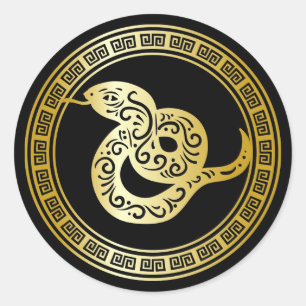 Golden Zodiac Snake on Black med Ram Runt Klistermärke