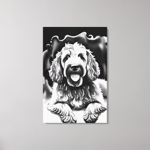 Goldendoodle Art Black White Sketch "Lycklig Hund" Canvastryck