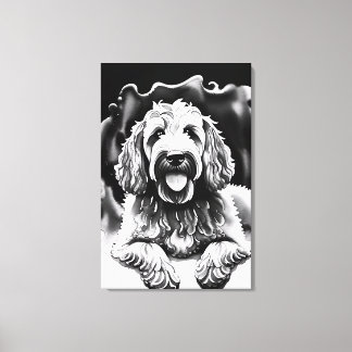 Goldendoodle Art Black White Sketch "Lycklig Hund" Canvastryck