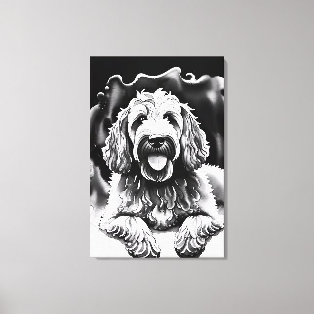 Goldendoodle Art Black White Sketch "Lycklig Hund" Canvastryck (Framsida)