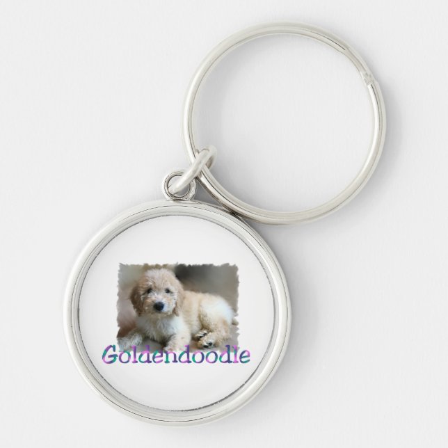 Goldendoodle Art Rund Silverfärgad Nyckelring (Framsidan)