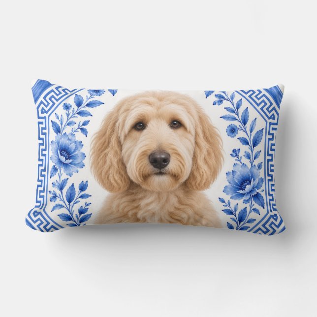 Goldendoodle Blå & Vit Blommig Lumbalpåse  Lumbarkudde (Framsida)