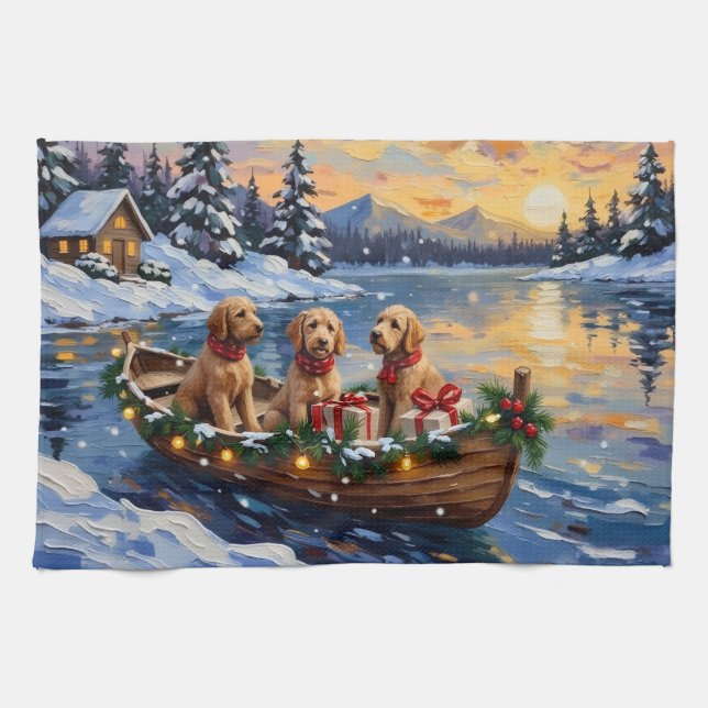 Goldendoodle Christmas Boat Holiday Kökshandduk (Horisontell)
