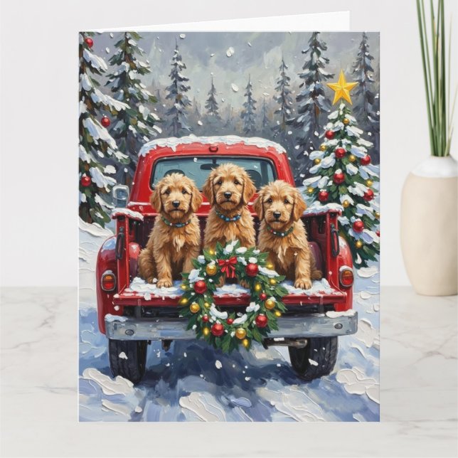 Goldendoodle Christmas Red Truck Holiday Kort (Framsida)