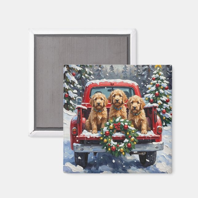 Goldendoodle Christmas Red Truck Holiday Magnet (Front/Back)
