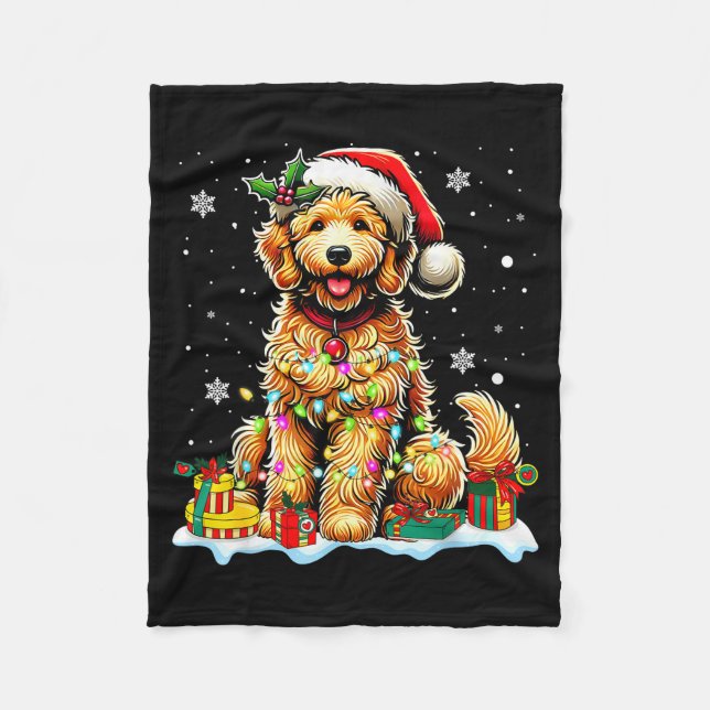 Goldendoodle Christmas Santa Hat Fairy Lights Paja Fleecefilt (Framsidan)