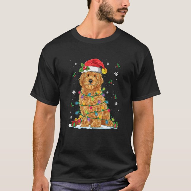 Goldendoodle Christmas Santa Hat Fairy Lights Paja T Shirt (Framsida)