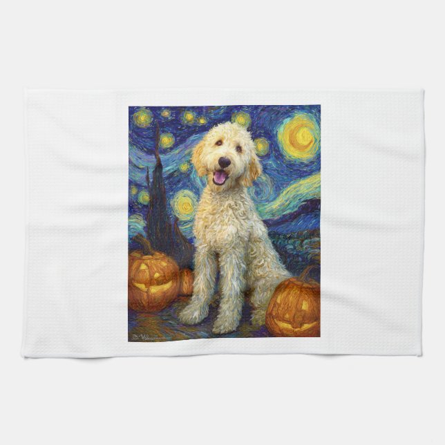 Goldendoodle Cute Dog Halloween Jack O Lantern Pum Kökshandduk (Horisontell)