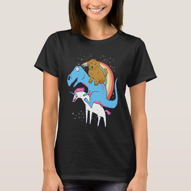 Goldendoodle Dinosaur Riding Unicorn Kids Men Rain T Shirt (Framsida)
