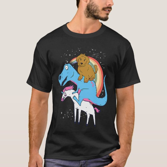 Goldendoodle Dinosaur Riding Unicorn Kids Men Rain T Shirt (Framsida)