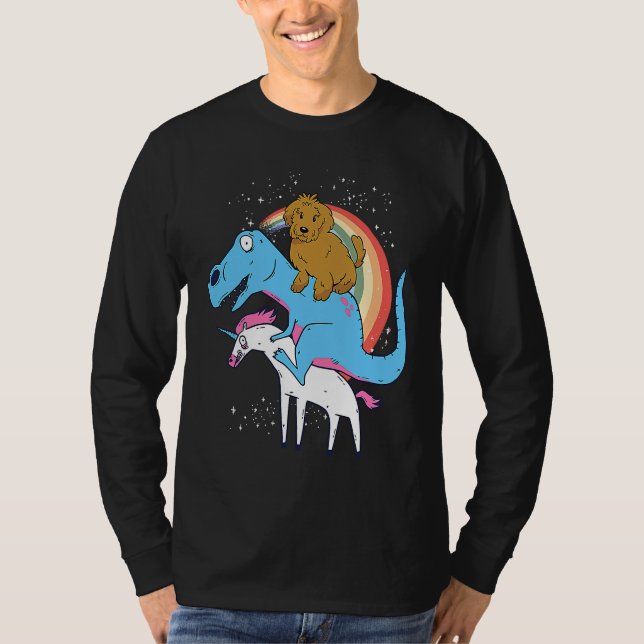 Goldendoodle Dinosaur Riding Unicorn Kids Men Rain T Shirt (Framsida)