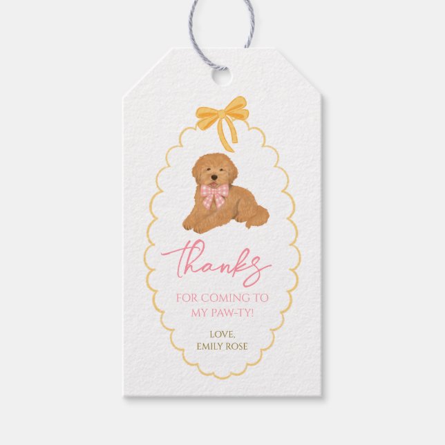 Goldendoodle Dog Birthday Pawty Pink Yellow Presentetikett (Framsidan)