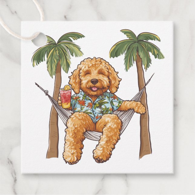 Goldendoodle Dog In Hawaiian Top Gåvor Etiketter (Framsida)