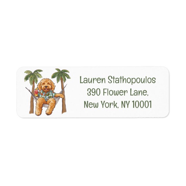 Goldendoodle Dog In Hawaiian Top Returadress Etikett (Framsidan)