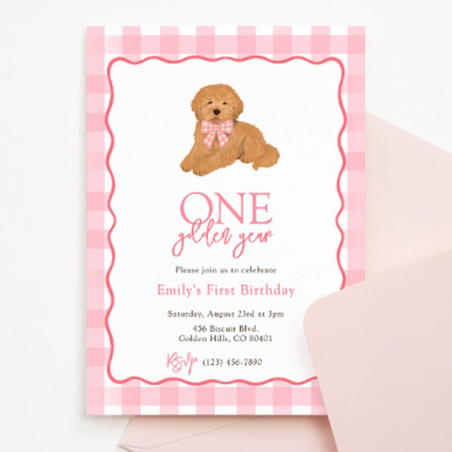 Goldendoodle Dog One Golden Year Girls Birthday Inbjudningar (Skapare uppladdad)