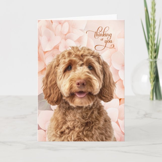 Goldendoodle Dog Peach Hydrangea Thinking of You Kort (Framsida)