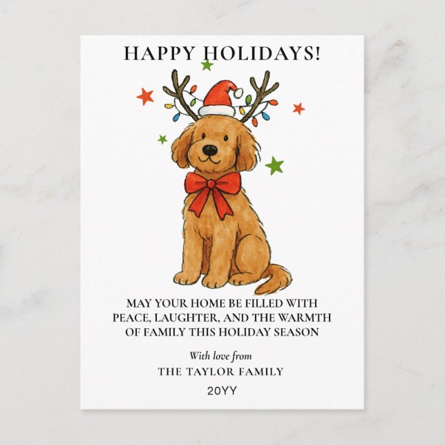 Goldendoodle Dog Reindeer Antlers Puppy Christmas Helg Vykort (Framsida)