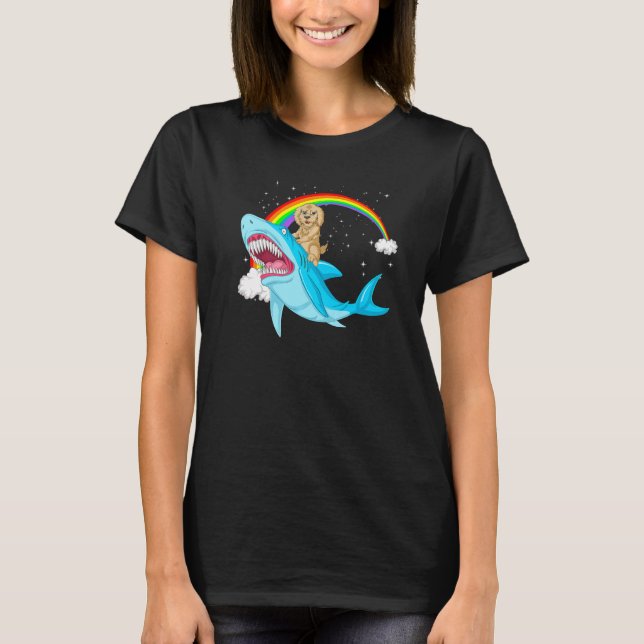 Goldendoodle Dog Riding Cute Shark Girls Rainbow P T Shirt (Framsida)