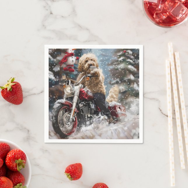 Goldendoodle Dog Riding Motorcycle Christmas  Pappersservett (Insitu)