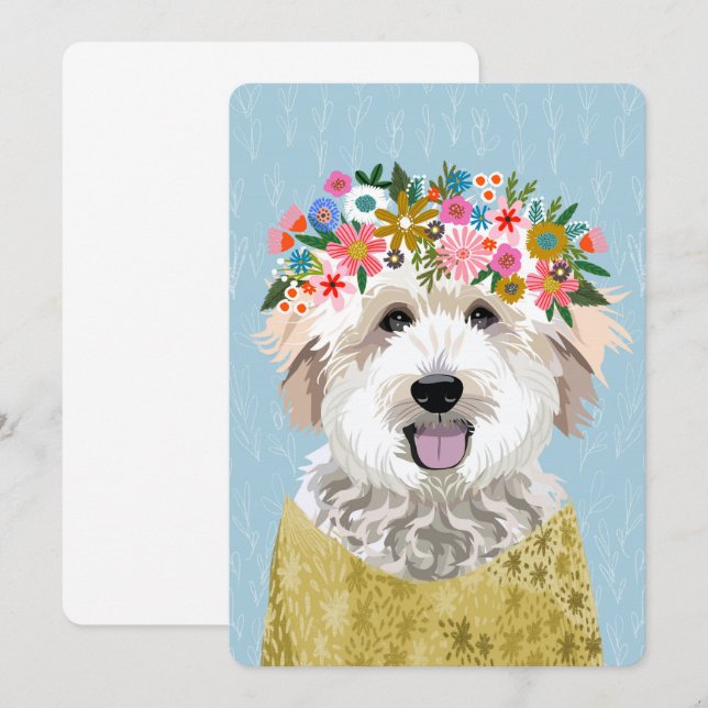 GoldenDoodle Flower Krona Hund Porträtt Art Inbjudningar (Fram/baksida)