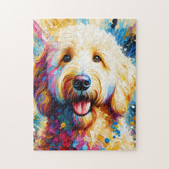 Goldendoodle Hund Akryltryck | Färgrik Pussel (Vertikal)