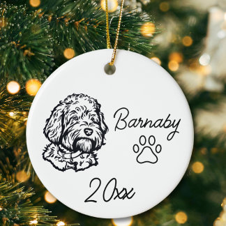 Goldendoodle Hund Anpassat Namn & År Linje Konst Julgransprydnad Keramik