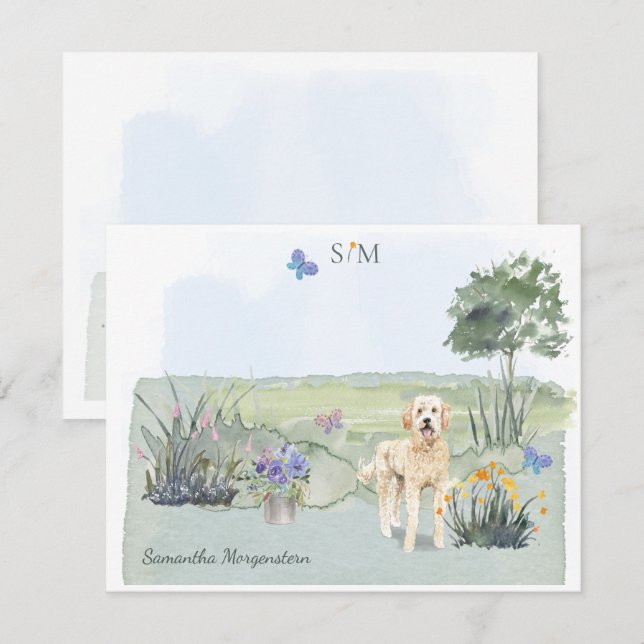 Goldendoodle Hund Butterfly Monogram och Namn Anteckningskort (Fram/baksida)