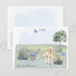 Goldendoodle Hund Butterfly Monogram och Namn Anteckningskort