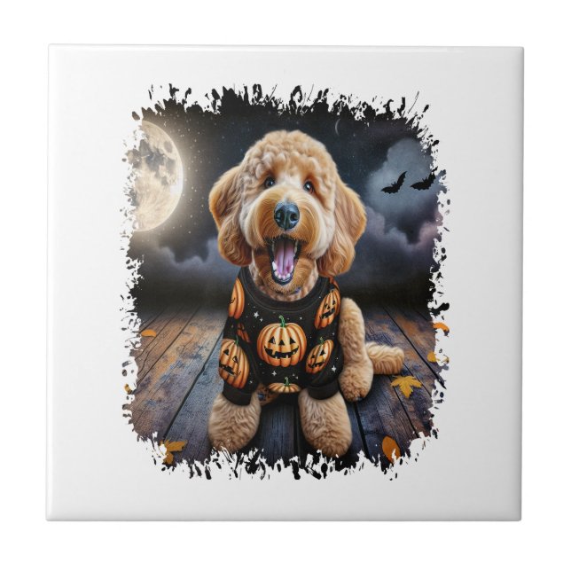 Goldendoodle Hund Halloween Kakelplatta (Framsidan)