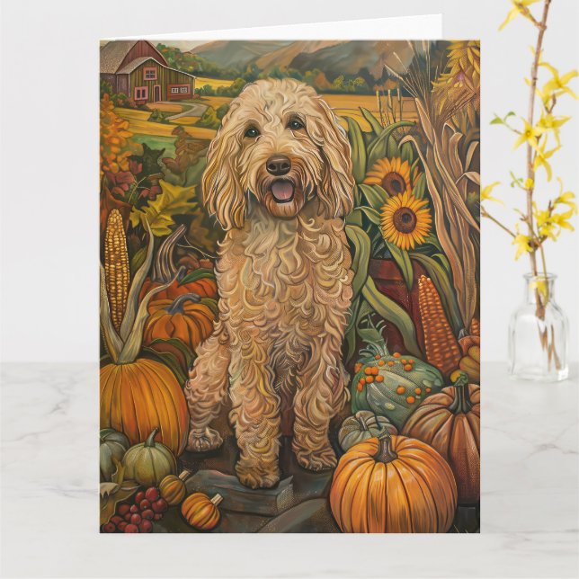 Goldendoodle Hund Höstskörd Tacksägelse Kort (Gul blomma)