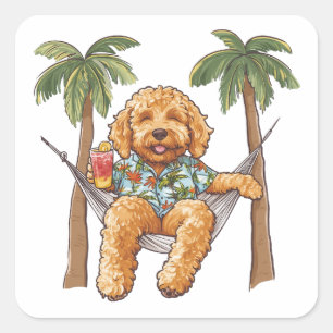 Goldendoodle Hund I Hawaiianskt Topp Fyrkantigt Klistermärke